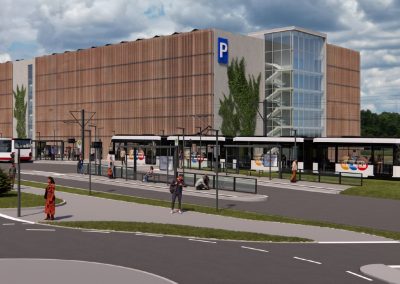 Park+Ride-Parkhaus Reutles mit Tram-Haltestelle.