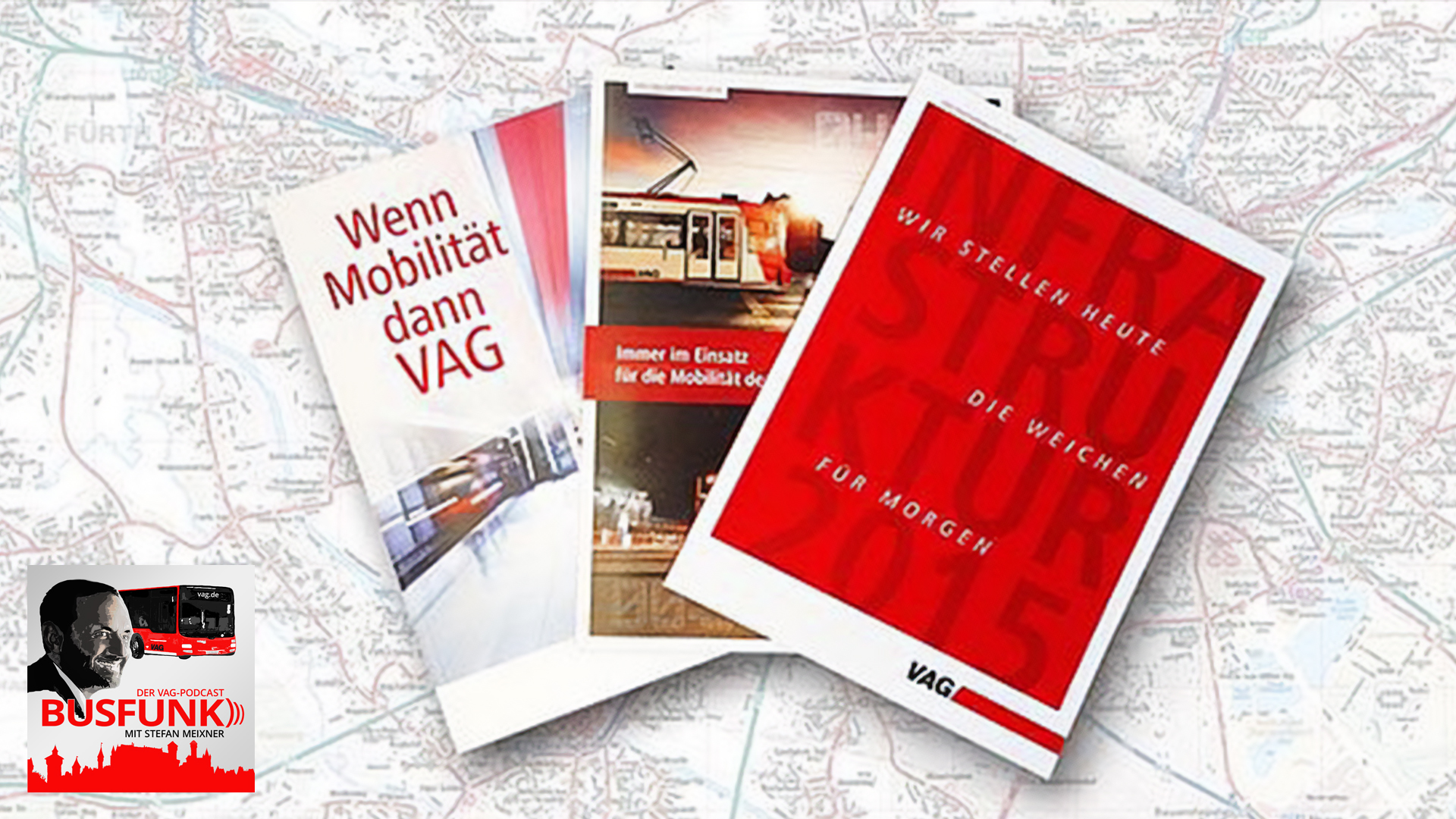 Busfunk-Cover und Publikationen der VAG vor einem Stadtplan