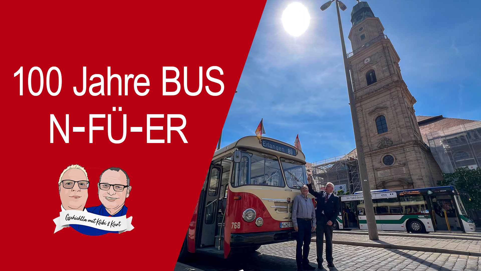 Kübi & Kurt mit Oldtimerbus am Hugenottenplatz in Erlangen zu 100 Jahre Busverkehr in den Nachbarstädten